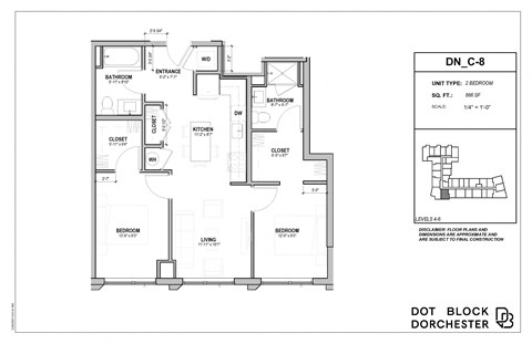 Floor plan for 2 beds, 2 baths, 866 sqft
